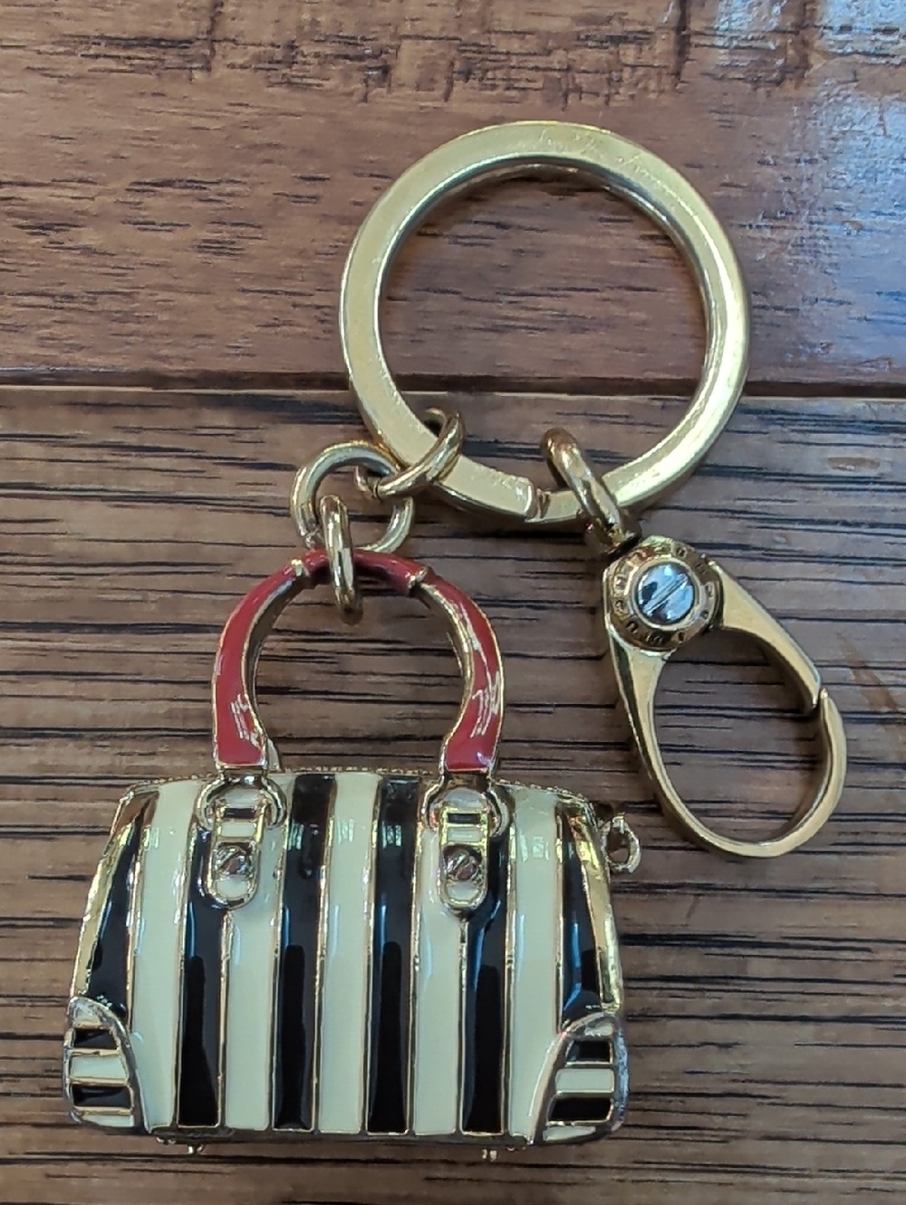 Henri Bendel Striped Speedy Designer-Style Gold Enamel Striped Handbag Keychain